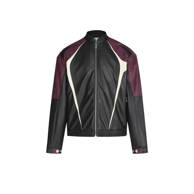 Thickened Motorcycle Jacket Washed Snob Contrast Color Jacket-0
