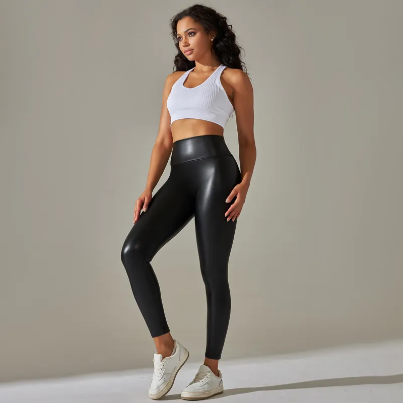 Sexy Plain PU Sports Pants Women-6