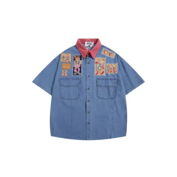 Vintage Embroidered Corduroy Color Split Denim Shirt
