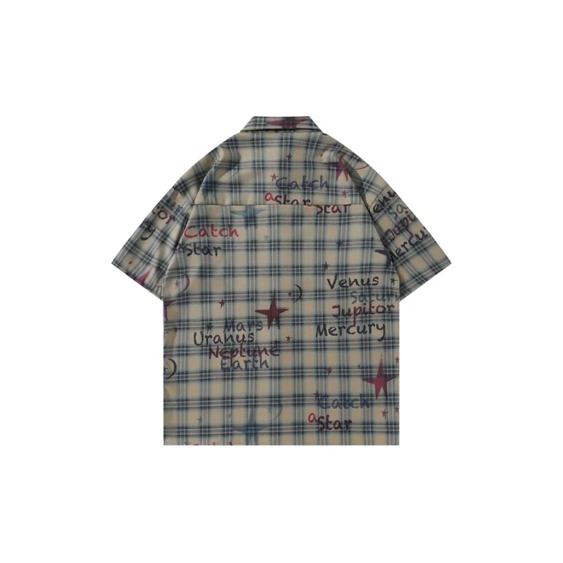 Retro Loose Plaid Hand painted Graffiti Casual Short sleeved Shirt-1