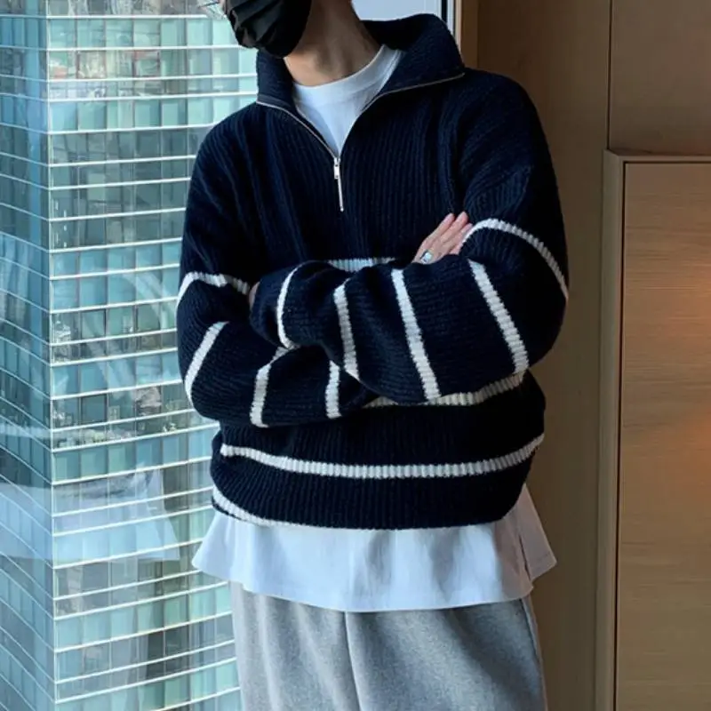 Striped Zipper Acrylic Fibres Sweater-1