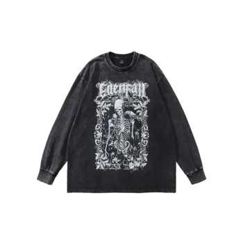 Street Retro Skull Print Casual Washed Long Sleeve T shirt