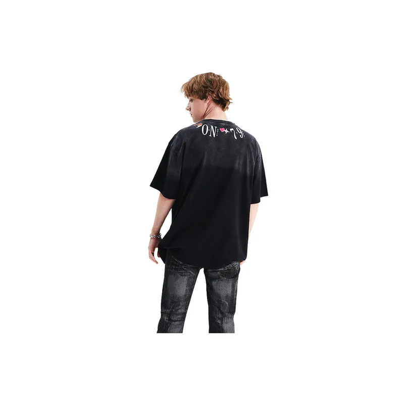 Wash Old Street Petal Print Short sleeved Loose Shoulder T shirt-3