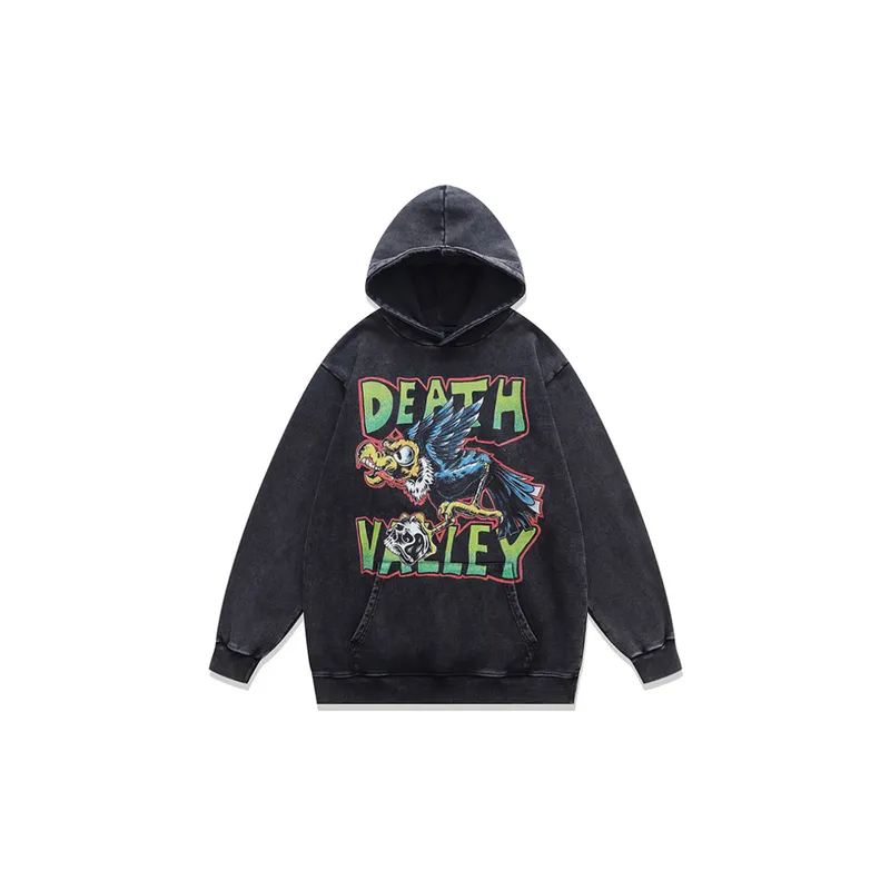 Retro Skull Print Washed Hooded-0