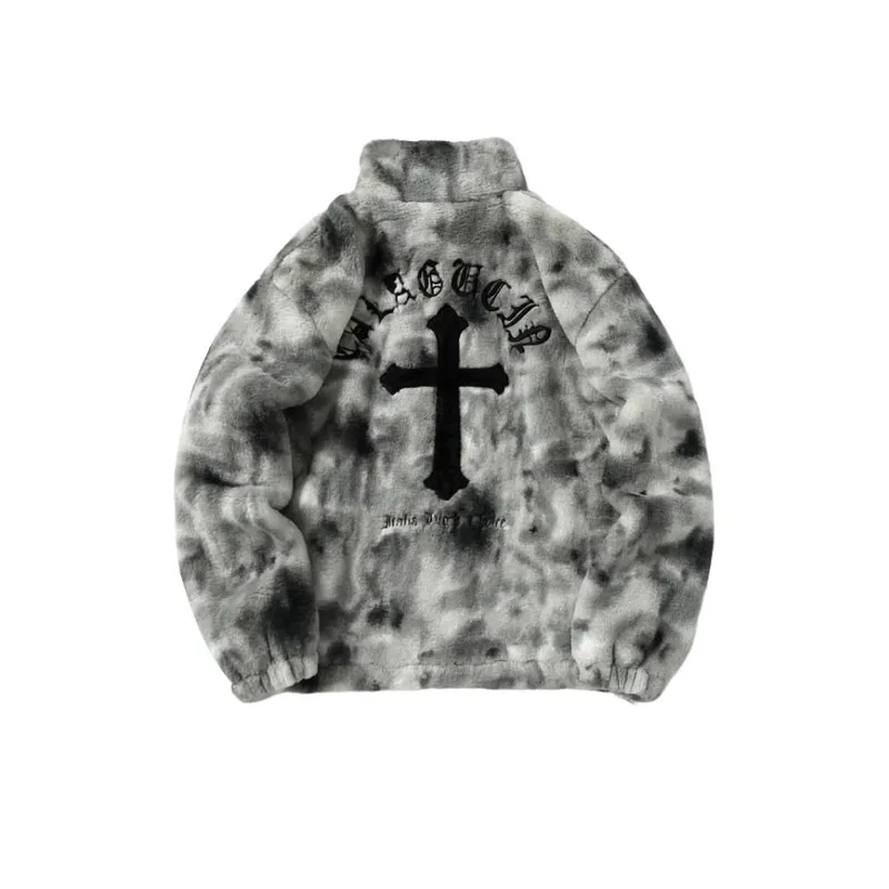 Vintage Tie Dye Gradient Plush Cross Embroidered Lambskin Imitation Jacket-3