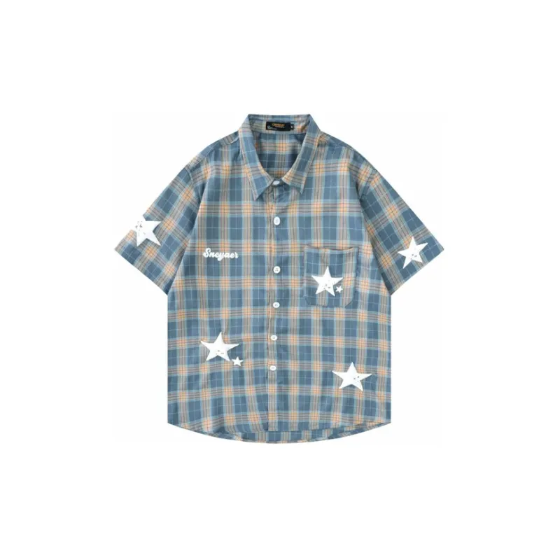 Star Print Plaid Short Sleeve Shirt