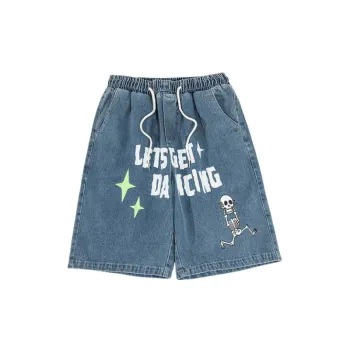 Straight Loose Skull Print Denim Shorts