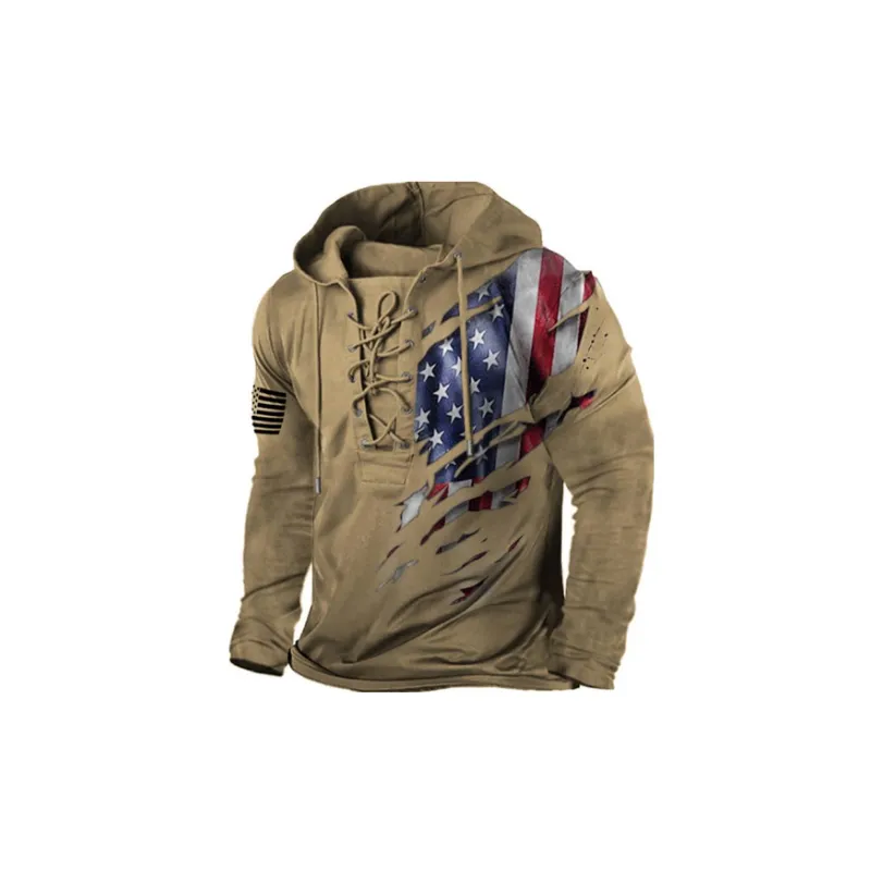 Retro Flag Printing Lace up Hoodie-1