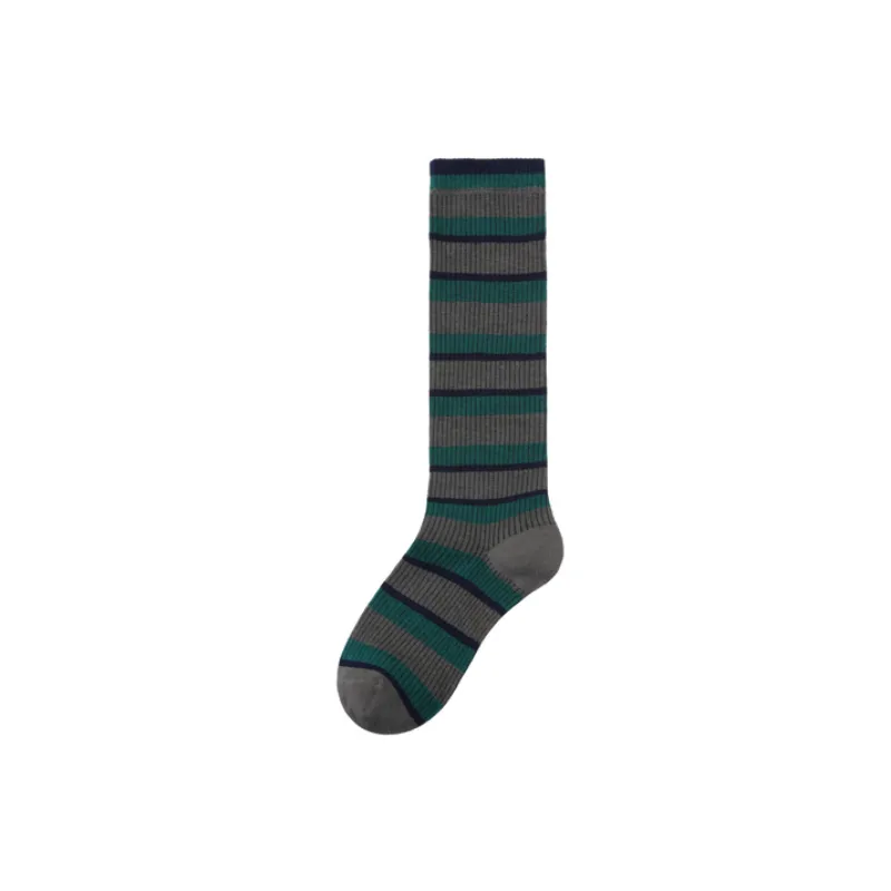 Retro Contrast Color Combed Cotton Mid Calf Sock-3