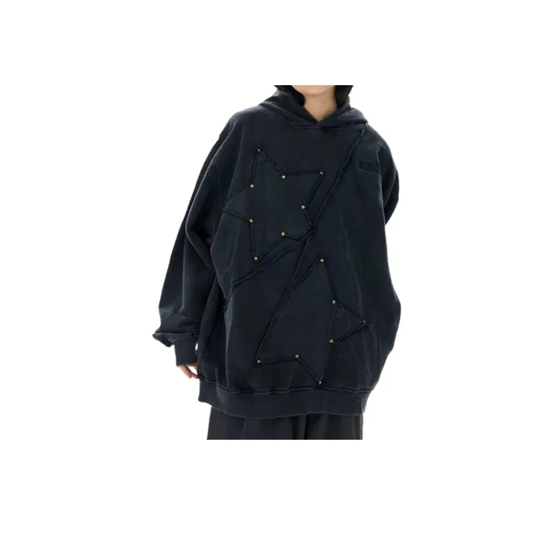 High Street Retro Pie Rivet Five pointed Star Oversize Hooded Sweatshirt-4