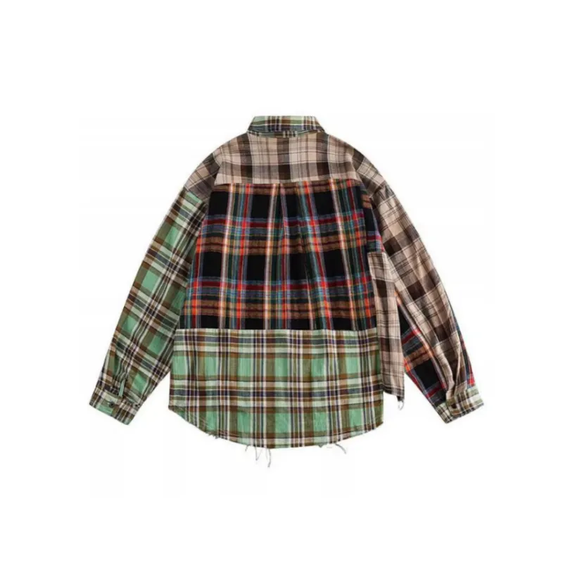 Retro Contrast Color Plaid Stitching Shirt-1