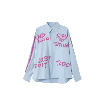 Tide Hand painted Letters Graffiti Contrast Dark Button Long Sleeve Shirt