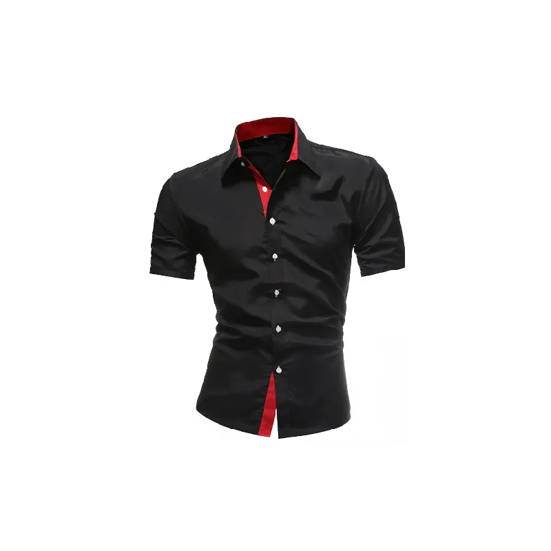 Casual Contrast Color Short Sleeved Cotton Blended Fabric Shirt-3