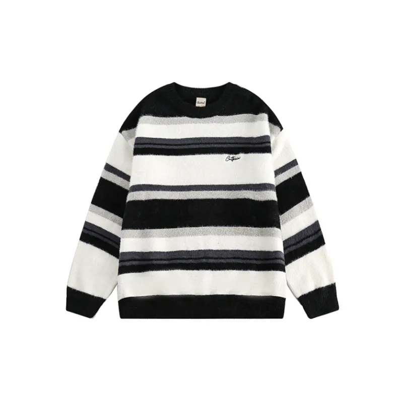 Fashion Simple Striped Crewneck Knitted Neutral Sweater-2