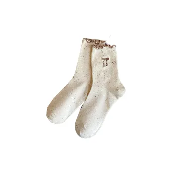 Simple Embroidered Cotton Mid Calf Sock