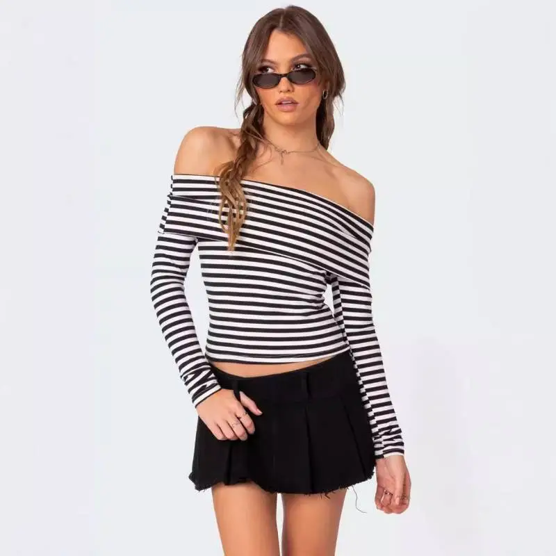Sexy Contrast Color Knitted Fabric T Shirt Women-1