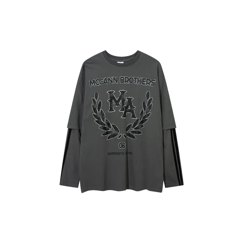 Retro Washed Old Printed Fake Two piece Long sleeved T shirt-0