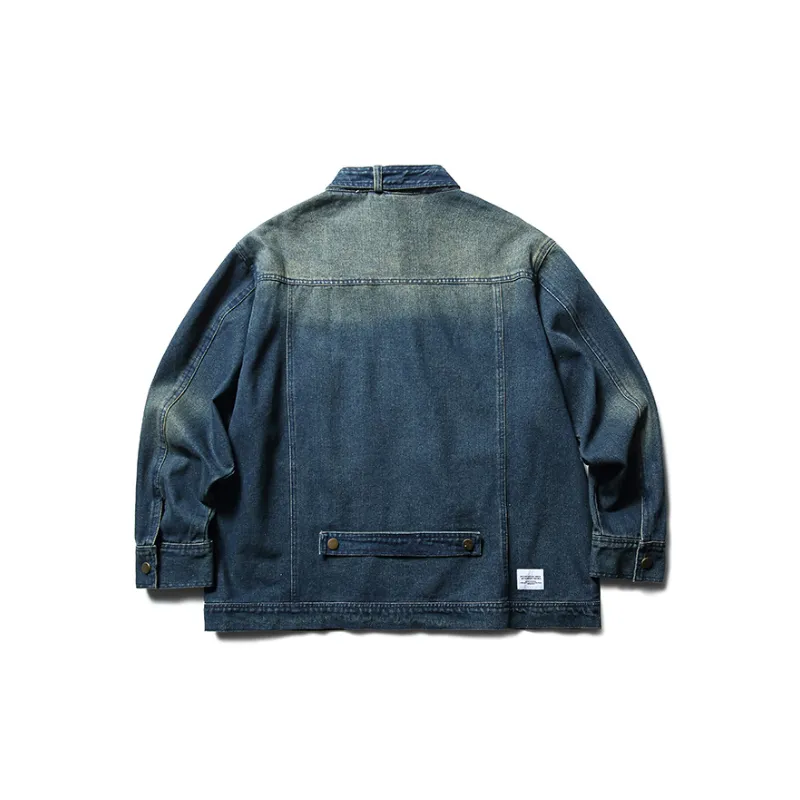 Three dimensional Patch Pocket Collar Denim Top Vintage Zipper Pocket Washed Jacket-1