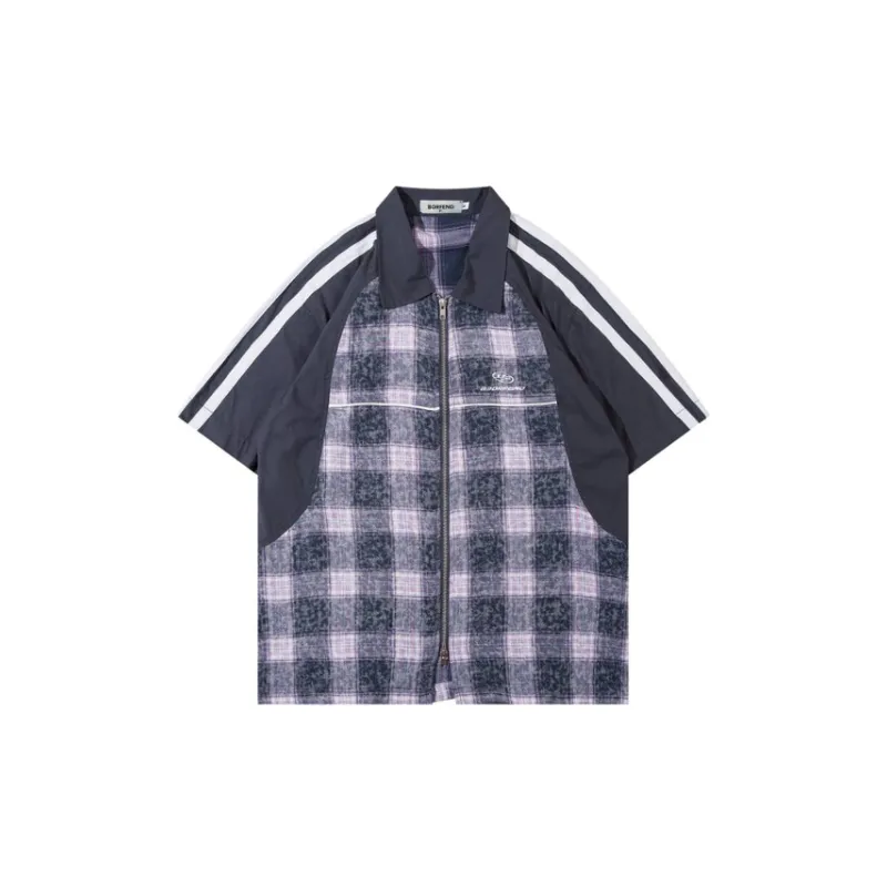 Short Sleeved Double Head Zipper Splicing Collision Color Shirt-0