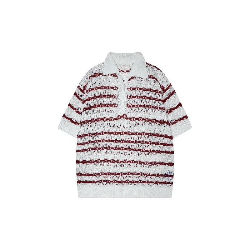 Hollow Out Striped Blended Synthetic Fabrics Polo