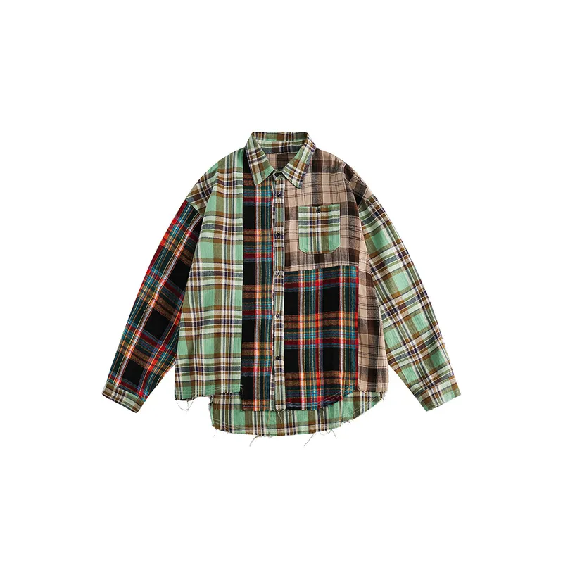 Grid Pocket Decoration Turn down Collar Shirt