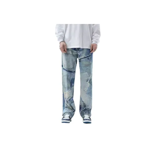 Irregular Full Print Straight Jeans