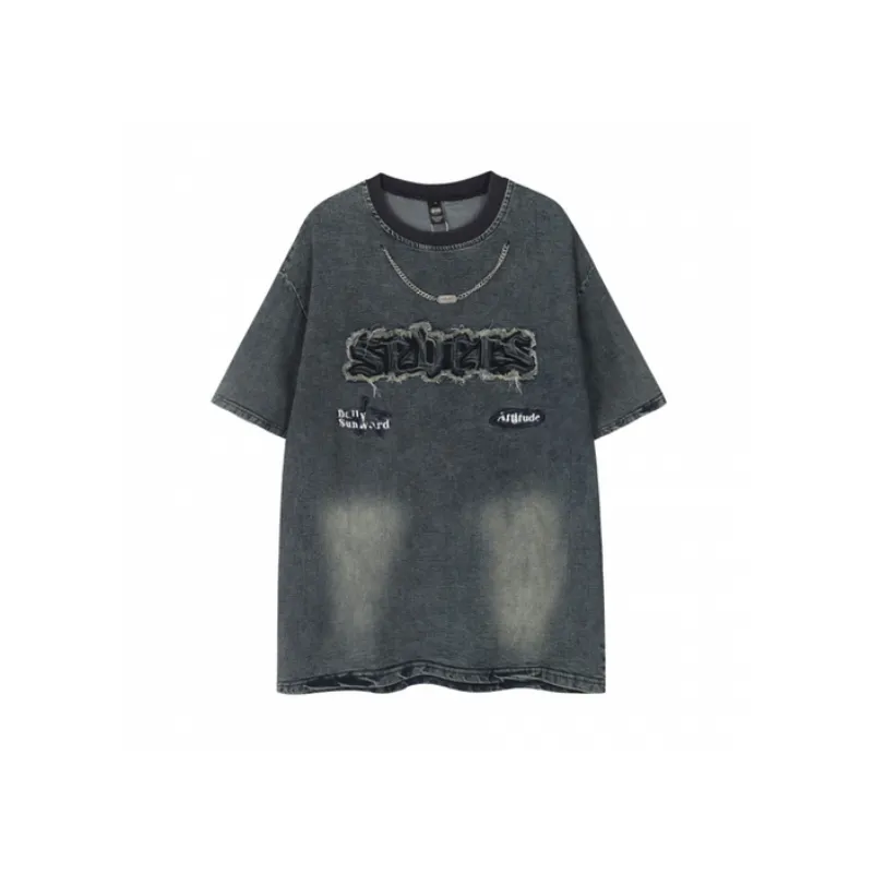 Loose Patched Embroidered Washed Denim T Shirt