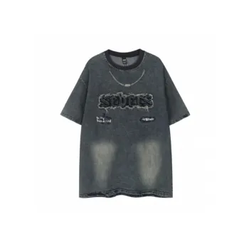 Loose Patched Embroidered Washed Denim T Shirt