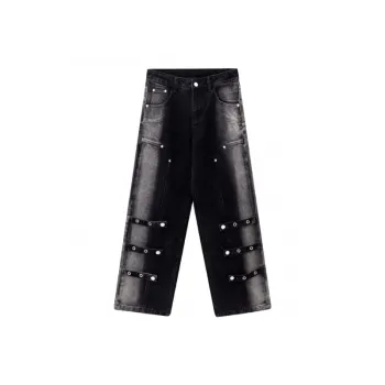 High Street Washed Old Spray Strap Decorative Jeans