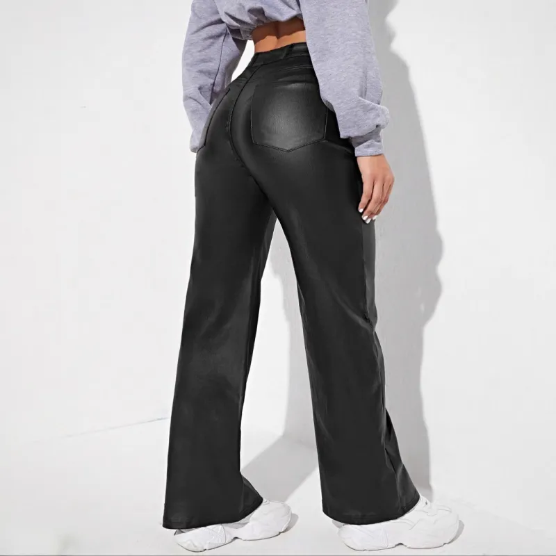 Casual Simple PU Leather Pants Women-1