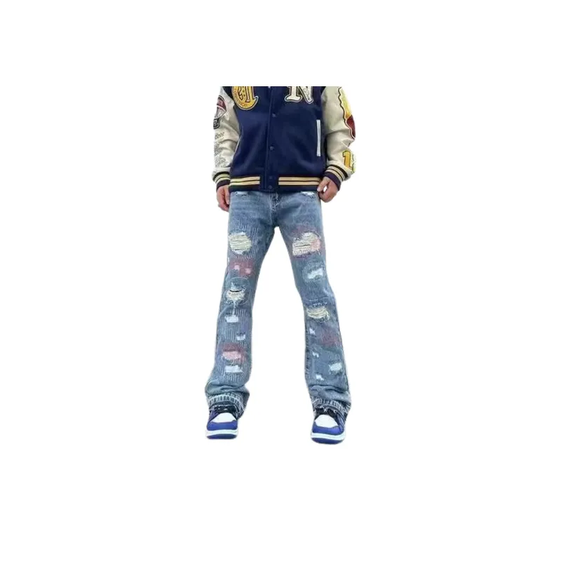 Patch Ripped Micro flared High Street Embroidered Loose Hip hop Jeans-2
