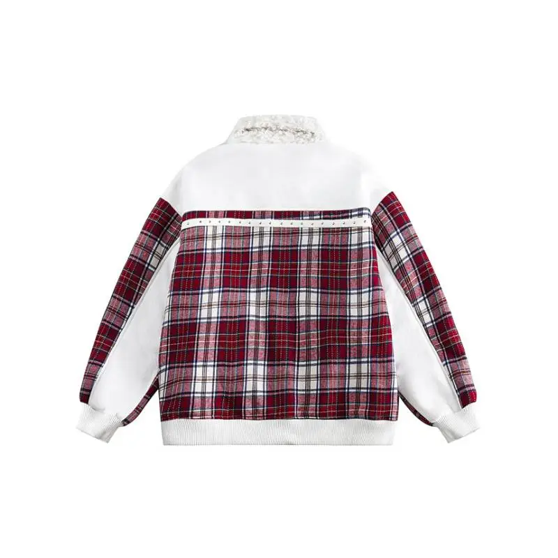 Retro Plaid Stitching and Fleece lined Cotton Coat-1
