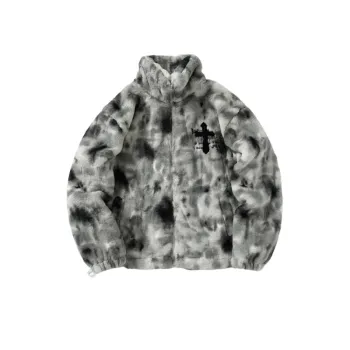Vintage Tie Dye Gradient Plush Cross Embroidered Lambskin Imitation Jacket