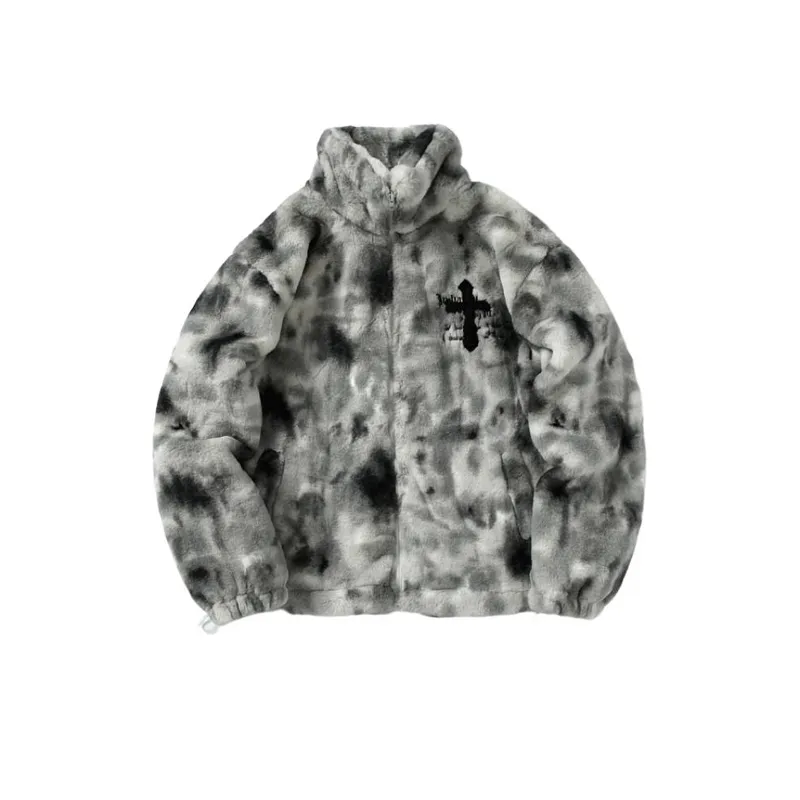 Vintage Tie Dye Gradient Plush Cross Embroidered Lambskin Imitation Jacket-2