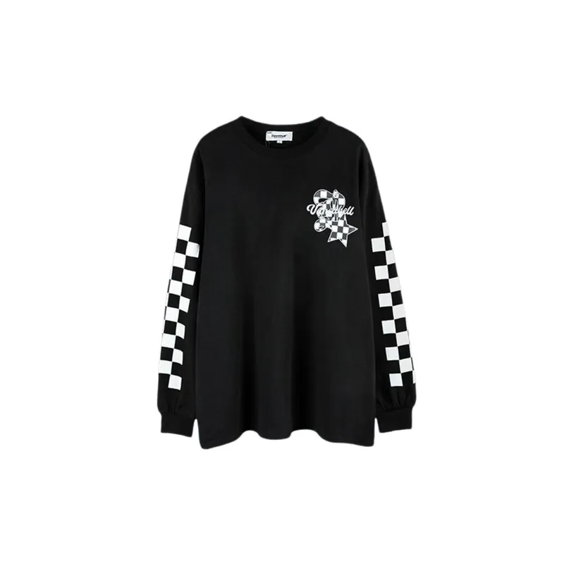 Retro Checkerboard Printed Long sleeved Trendy Ins Loose Casual Pullover T shirt-2