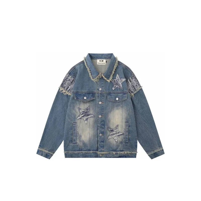 Retro Stitching Star Patch Embroidery Denim Jacket-2