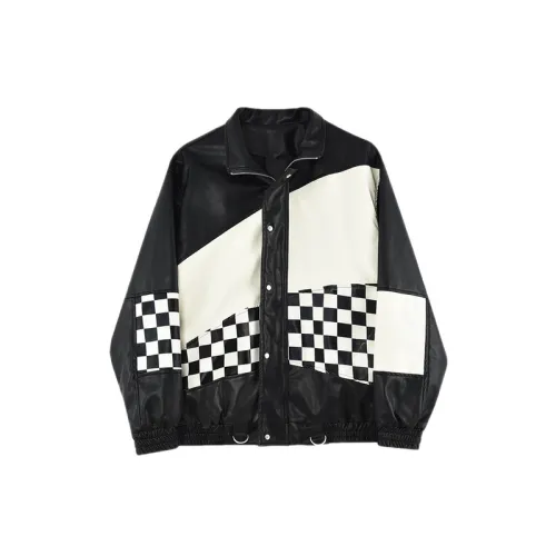 Advanced Sense Niche Chessboard Black and White Stitching Contrast Color Leather Jacket