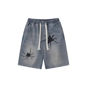 Distressed Spider Print Denim Shorts