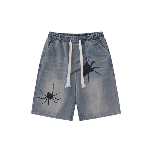 Distressed Spider Print Denim Shorts