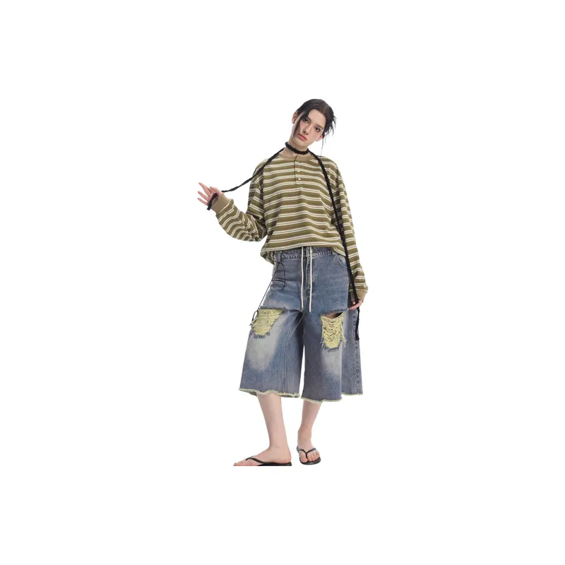 Retro Striped Long Sleeve Blended Synthetic Fabrics T Shirt-9