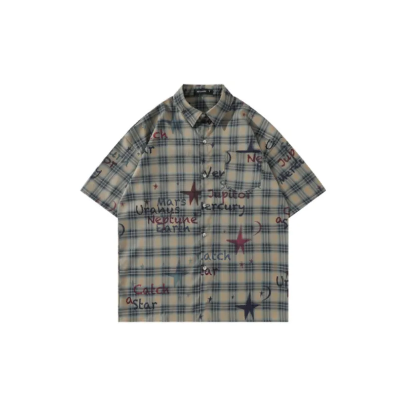 Retro Loose Plaid Hand painted Graffiti Casual Short sleeved Shirt-0