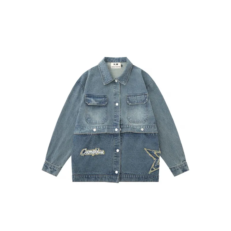 Retro Stitching Letter Star Embroidery Denim Jacket-2