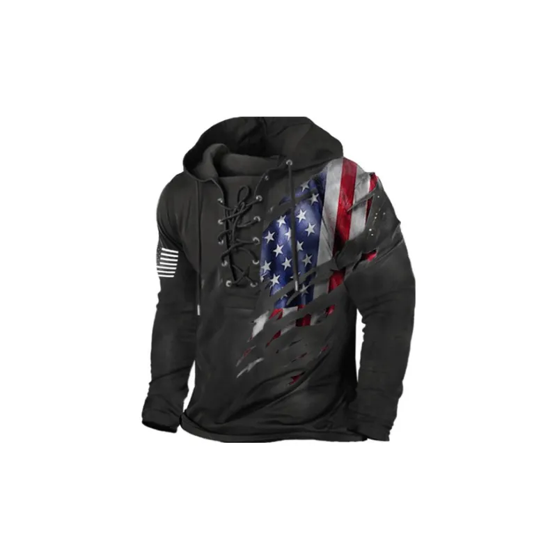 Retro Flag Printing Lace up Hoodie-0