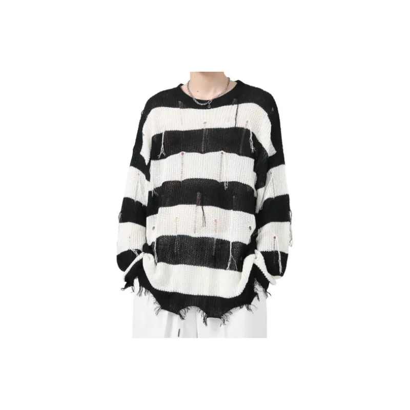 Loose Striped Tassel Hole Pullover Sweater-1