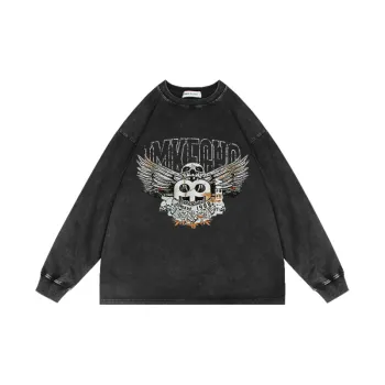 Vintage Owl Print Diablo Old Washed Round Neck Hoodie