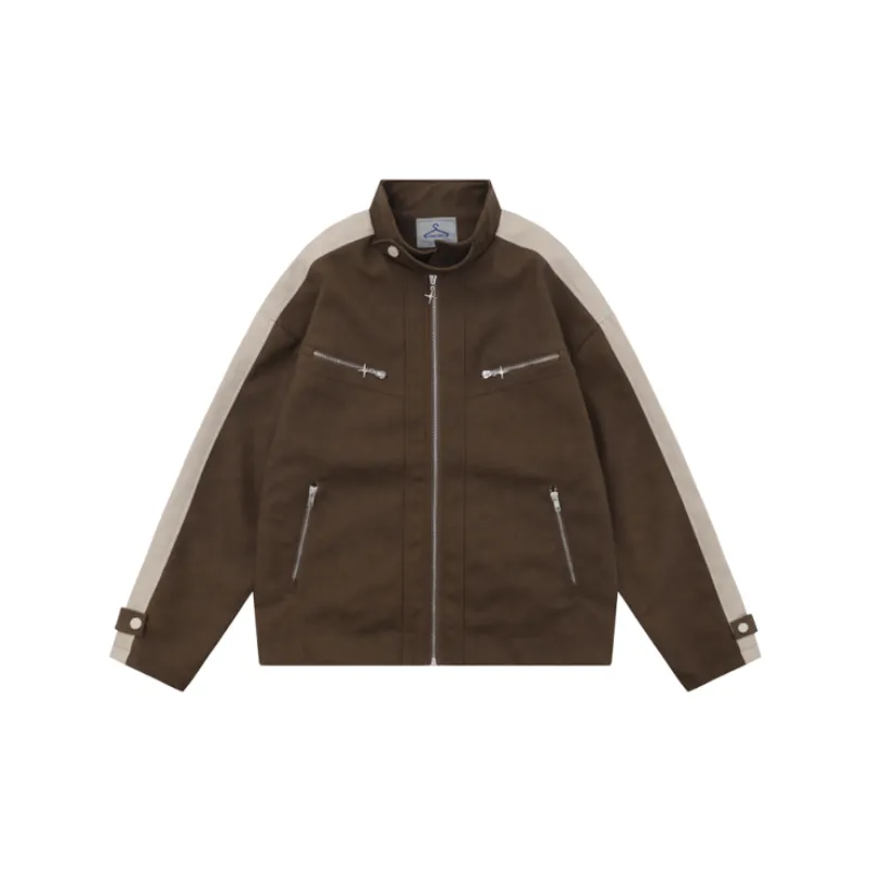 Retro Baseball Stitching Contrast Color Multi Pocket Zipper Pendant Loose Jacket-0