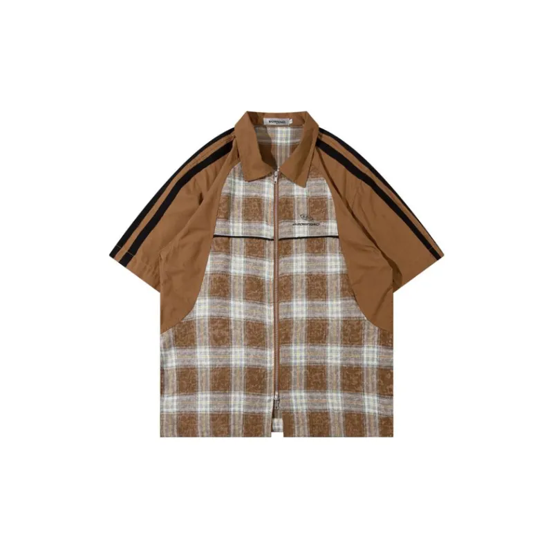 Short Sleeved Double Head Zipper Splicing Collision Color Shirt-4