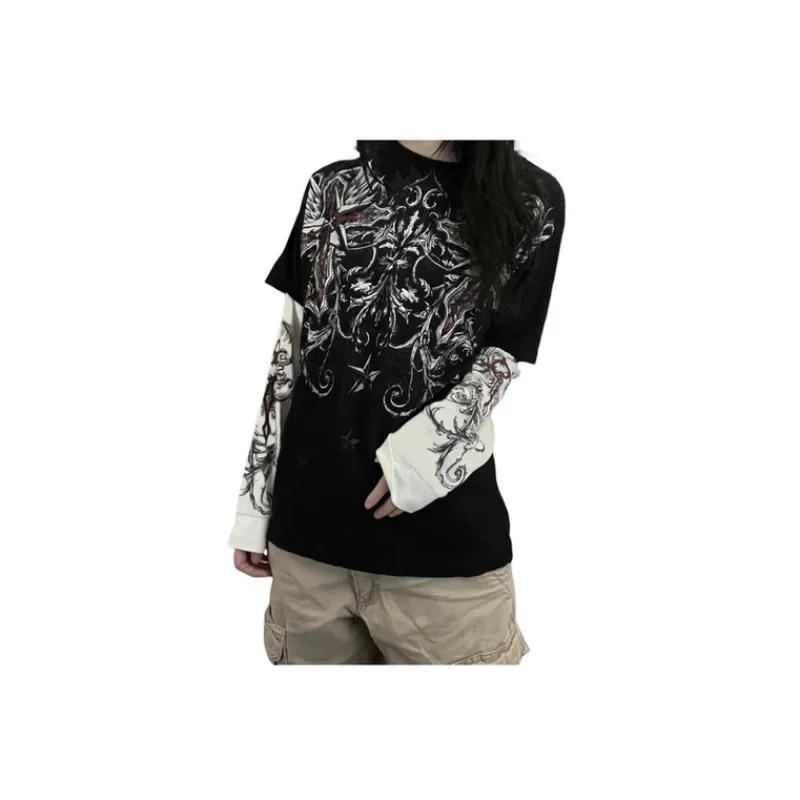 Loose Round Neck Long Sleeved Retro Printing T Shirt-3
