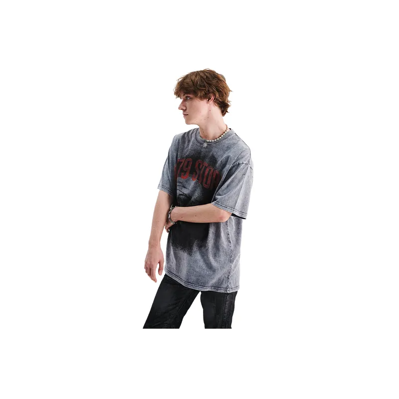 Retro Direct Injection Head Printing Shoulder Loosen T Shirt-3