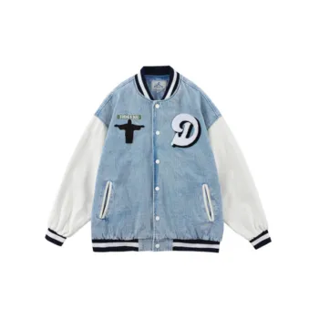 Retro Stitching Denim Towel Embroidered Design Casual Loose Street Style Baseball Suit